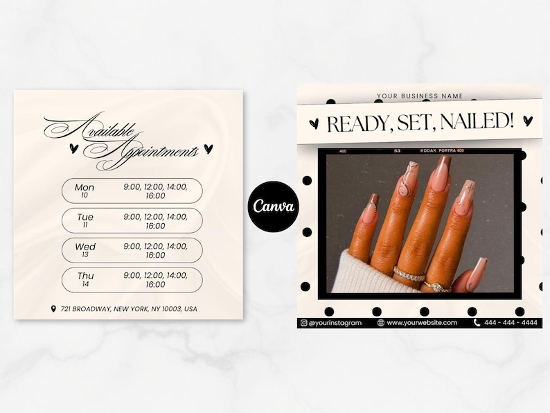May include: A promotional image for a nail salon. The image features a schedule of available appointments and a close-up of manicured nails. The text reads "Ready, Set, Nailed!" and includes contact information and social media handles.