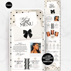 Może przedstawiać: Cyfrowy szablon strony internetowej dla stylistki rzęs z białą kopertą z czarną kokardą, napisem "the LASH MENU", sekcją "MEET YOUR LASH TECH" ze zdjęciem, godzinami pracy, danymi kontaktowymi i sześcioma darmowymi szablonami postów na Instagram.