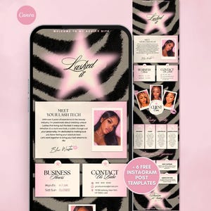 May include: A digital template for a beauty business website featuring a black and gray zebra print background with a glowing pink star graphic. The layout includes sections for business hours, contact information, and a meet the lash tech profile.