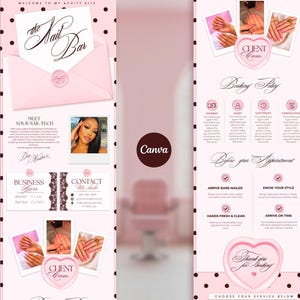 May include: A pink and white digital template for a nail salon booking site featuring a polka dot border, an envelope graphic labeled The Nail Bar, sections for business hours, contact information, booking policies, and client photo galleries.