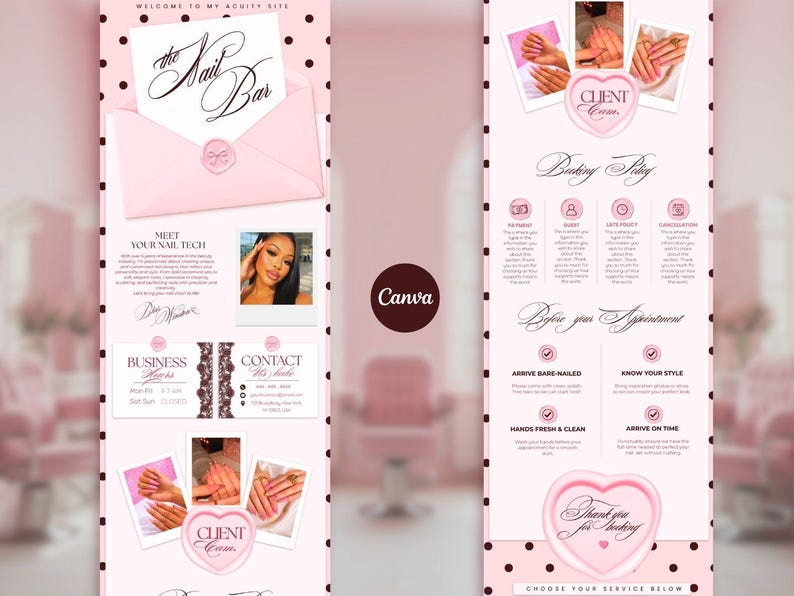 May include: A pink and white digital template for a nail salon booking site featuring a polka dot border, an envelope graphic labeled The Nail Bar, sections for business hours, contact information, booking policies, and client photo galleries.