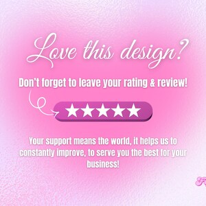 K&ouml;nnte beinhalten: Rosa-wei&szlig;e Grafik mit dem Text "Love this design?" und "Vergessen Sie nicht, Ihre Bewertung abzugeben!" F&uuml;nf wei&szlig;e Sterne werden auf einem lila Hintergrund angezeigt. Der Text "Ihre Unterst&uuml;tzung bedeutet die Welt..." ist ebenfalls enthalten.