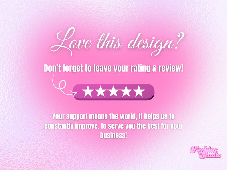 K&ouml;nnte beinhalten: Rosa-wei&szlig;e Grafik mit dem Text "Love this design?" und "Vergessen Sie nicht, Ihre Bewertung abzugeben!" F&uuml;nf wei&szlig;e Sterne werden auf einem lila Hintergrund angezeigt. Der Text "Ihre Unterst&uuml;tzung bedeutet die Welt..." ist ebenfalls enthalten.