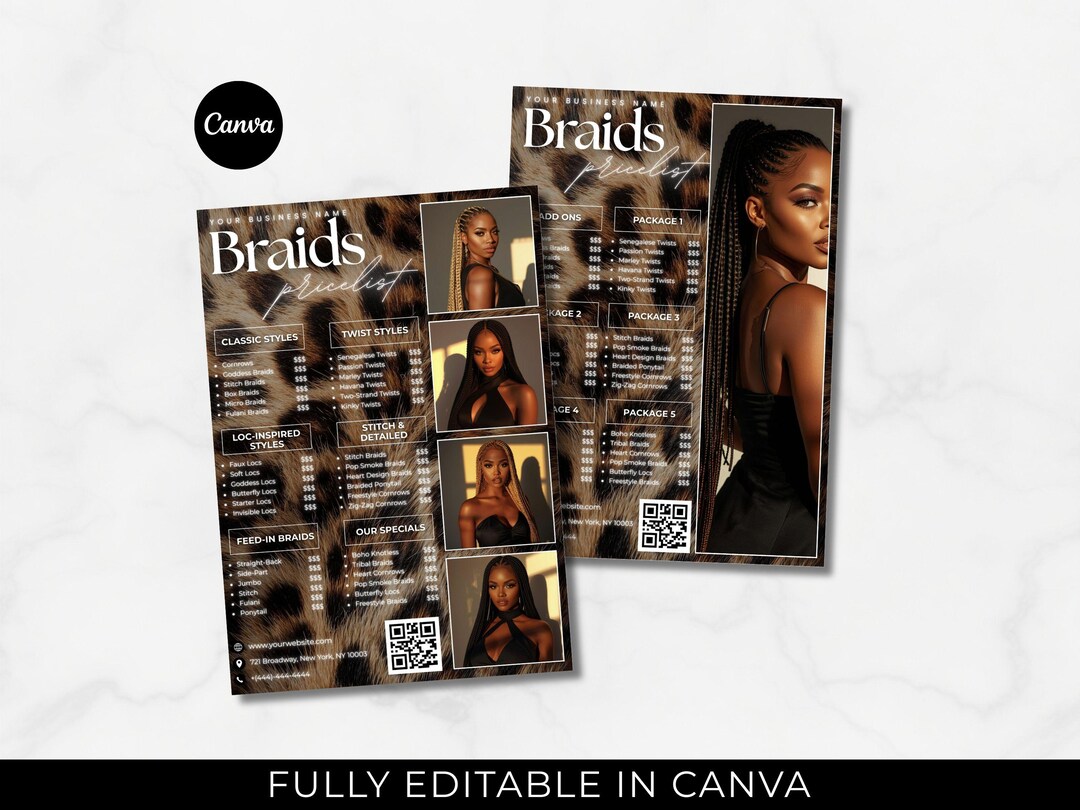 Editable Leopard Price Lists Braids Pricelist Braiding Pricing Guide ...