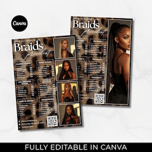 Editable Leopard Price Lists Braids Pricelist Braiding Pricing Guide Premade Pricelist Menu Sign Hair Salon Price Sheet Braider Menu Sign