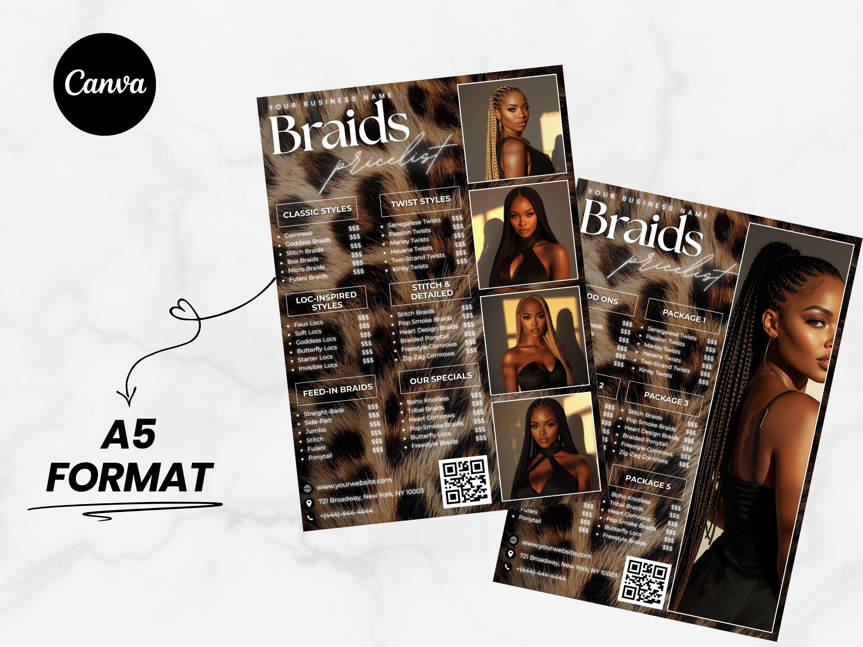 Editable Leopard Price Lists Braids Pricelist Braiding Pricing Guide ...