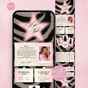 May include: A digital website template for a beauty business featuring a black and beige zebra print background with pink glowing star accents. The layout includes sections for business hours, contact information, and a lash technician profile.