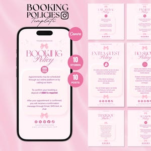 May include: Pink social media template set for business booking policies. The design includes a smartphone displaying a booking policy, and several cards with policy details. The text includes "Booking Policy", "Late Arrival Policy", and "Extra Guest Policy".