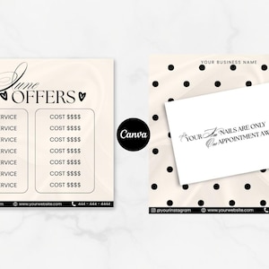 May include: A promotional graphic with a beige background and black polka dots. The left side features a list of services and costs under the heading "June OFFERS." The right side displays a card with the text "YOUR NAILS ARE ONLY One APPOINTMENT AWAY." Contact information is at the bottom.