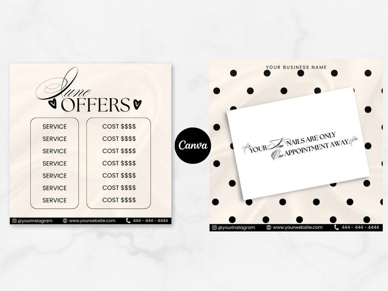 May include: A promotional graphic with a beige background and black polka dots. The left side features a list of services and costs under the heading "June OFFERS." The right side displays a card with the text "YOUR NAILS ARE ONLY One APPOINTMENT AWAY." Contact information is at the bottom.