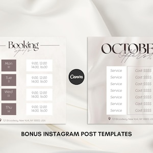 Puede incluir: Dos plantillas de publicaciones de Instagram con una combinaci&oacute;n de colores neutros. Una plantilla muestra los espacios de reserva para la semana, y la otra enumera las ofertas de octubre. Las plantillas incluyen el texto "Booking Spots" y "October Offers". El logotipo de Canva tambi&eacute;n es visible.