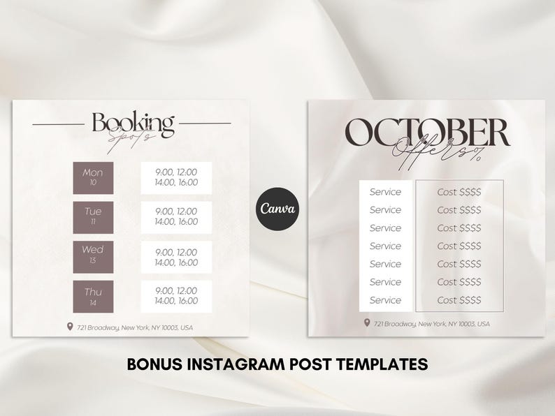 Puede incluir: Dos plantillas de publicaciones de Instagram con una combinaci&oacute;n de colores neutros. Una plantilla muestra los espacios de reserva para la semana, y la otra enumera las ofertas de octubre. Las plantillas incluyen el texto "Booking Spots" y "October Offers". El logotipo de Canva tambi&eacute;n es visible.