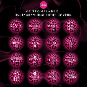 May include: Customizable Instagram highlight covers with a pink leopard print design. Each cover features a different text label, including "Q&A", "Business", "Policy", "New", "Prices", "Book", "Client Love", "After Care", "Reviews", "Contact Us", "The CEO", "Services", "Sale", "Client Cam", "About Us", and "Before & After".