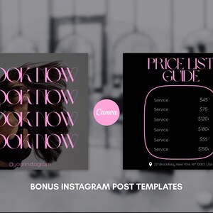 Pode incluir: Modelos de posts para Instagram com design preto e rosa. Um gr&aacute;fico diz "BOOK NOW" em rosa sobre a imagem de uma mulher. O outro gr&aacute;fico &eacute; um guia de pre&ccedil;os com pre&ccedil;os de servi&ccedil;os.