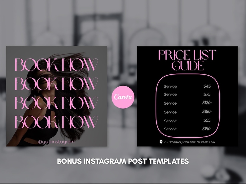 Pode incluir: Modelos de posts para Instagram com design preto e rosa. Um gr&aacute;fico diz "BOOK NOW" em rosa sobre a imagem de uma mulher. O outro gr&aacute;fico &eacute; um guia de pre&ccedil;os com pre&ccedil;os de servi&ccedil;os.