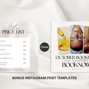 Puede incluir: Dos plantillas cuadradas para publicaciones de Instagram. Una es una lista de precios de servicios de spa, incluyendo tratamientos faciales y depilaci&oacute;n. La otra promociona reservas de octubre con im&aacute;genes de tratamientos faciales. El logotipo de Canva es visible.