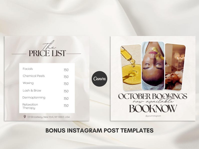 Puede incluir: Dos plantillas cuadradas para publicaciones de Instagram. Una es una lista de precios de servicios de spa, incluyendo tratamientos faciales y depilaci&oacute;n. La otra promociona reservas de octubre con im&aacute;genes de tratamientos faciales. El logotipo de Canva es visible.