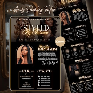 May include: Acuity scheduling template for a hair stylist, featuring a black and gold design. The template includes the business name "Styled By Tatiana," contact information, and service details. The design incorporates images of hairstyles.