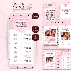 May include: A digital social media template set featuring a pink and white color scheme with black polka dots. The designs include text such as Weekly Monthly Appointments, Weekly Availability, Bookings Are Now Open, and Limited Spots, alongside calendar grids and placeholders for images.