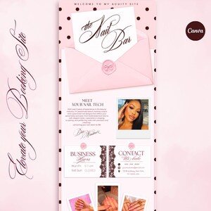 May include: A digital booking site template for The Nail Bar featuring a pink background with black polka dots, an envelope graphic with a wax seal, a professional headshot, business hours, contact information, and three photos of manicured nails.