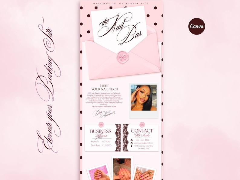 May include: A digital booking site template for The Nail Bar featuring a pink background with black polka dots, an envelope graphic with a wax seal, a professional headshot, business hours, contact information, and three photos of manicured nails.