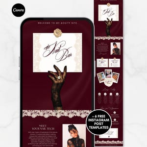 May include: A digital display of a website template for a nail salon featuring a deep burgundy background, a cream-coloured rectangular header with the text The Nail Bar, a graphic of a hand in a black lace glove, and a section titled Meet Your Nail Tech.