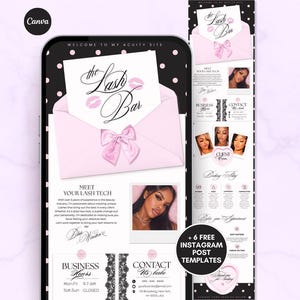 Op de afbeelding: Een digitaal sjabloon voor een wimperstudio-website met een zwarte achtergrond met witte stippen, een roze envelopafbeelding met een strik en de tekst The Lash Bar. Bevat secties voor openingstijden, contactgegevens en een biografie.