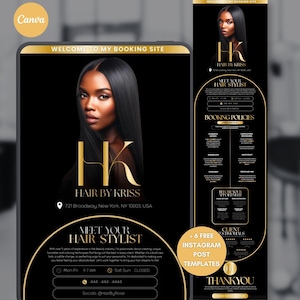 Op de afbeelding: Een zwart-gouden digitale advertentie voor een haarstylist, "Hair by Kriss". De advertentie bevat een portret van een vrouw met lang, steil zwart haar. Tekst bevat boekingsinformatie en Instagram post templates.