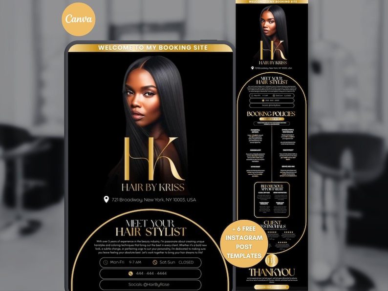 K&ouml;nnte beinhalten: Eine digitale Werbeanzeige in Schwarz und Gold f&uuml;r einen Friseur, "Hair by Kriss". Die Anzeige enth&auml;lt ein Portr&auml;t einer Frau mit langen, glatten schwarzen Haaren. Der Text enth&auml;lt Buchungsinformationen und Instagram-Post-Vorlagen.
