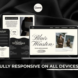 May include: A digital marketing website design displayed on a tablet, laptop, and smartphone. The design features a black and white color scheme with the text "Blair Winston Social Media Manager" and "Fully Responsive on All Devices."