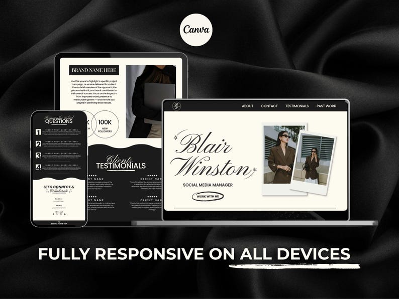 May include: A digital marketing website design displayed on a tablet, laptop, and smartphone. The design features a black and white color scheme with the text "Blair Winston Social Media Manager" and "Fully Responsive on All Devices."