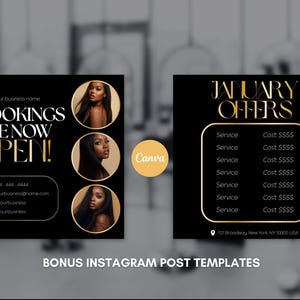 K&ouml;nnte beinhalten: Schwarz-goldene Werbegrafik mit dem Text &bdquo;BOOKINGS ARE NOW OPEN!&ldquo; und &bdquo;JANUARY OFFERS&ldquo;. Enth&auml;lt Bilder von Frauen und Kontaktinformationen. Das Canva-Logo ist ebenfalls sichtbar.