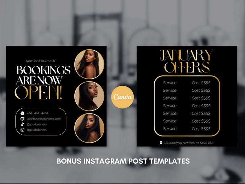 K&ouml;nnte beinhalten: Schwarz-goldene Werbegrafik mit dem Text &bdquo;BOOKINGS ARE NOW OPEN!&ldquo; und &bdquo;JANUARY OFFERS&ldquo;. Enth&auml;lt Bilder von Frauen und Kontaktinformationen. Das Canva-Logo ist ebenfalls sichtbar.