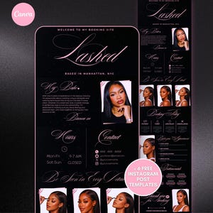 May include: A black and pink promotional graphic for a beauty service called "Lashed" based in Manhattan, NYC. The graphic includes photos of a woman, contact information, and booking details. The text includes "Welcome to my booking site".