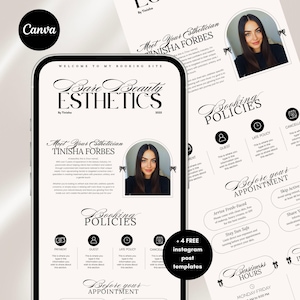 May include: A digital marketing template for Bare Beauty Esthetics, featuring a portrait of Tinisha Forbes. The design includes sections for booking policies, appointment information, and Instagram post templates. The color scheme is primarily black and white.