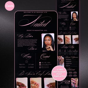 May include: A black and pink promotional graphic for a nail salon, featuring the text "Sailed" and "Based in Manhattan, NYC." It includes contact information, hours, and examples of nail designs. The graphic also promotes free Instagram post templates.
