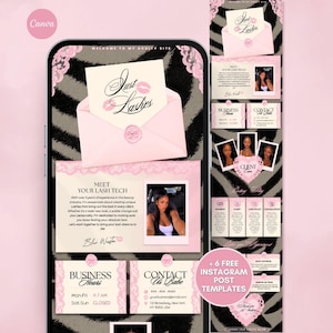 May include: A digital template set for a lash technician business featuring a black and grey zebra print background with light pink lace accents. The design includes sections for business hours, contact information, and client policies.