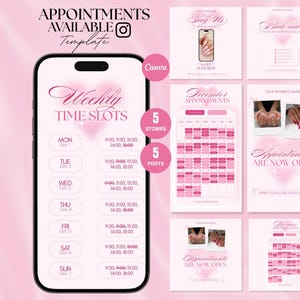 Puede incluir: Plantilla rosa para redes sociales para citas de salón de uñas. El diseño incluye una maqueta de teléfono con horarios semanales y gráficos adicionales para historias y publicaciones. El texto incluye "Citas disponibles" y "Horarios semanales".