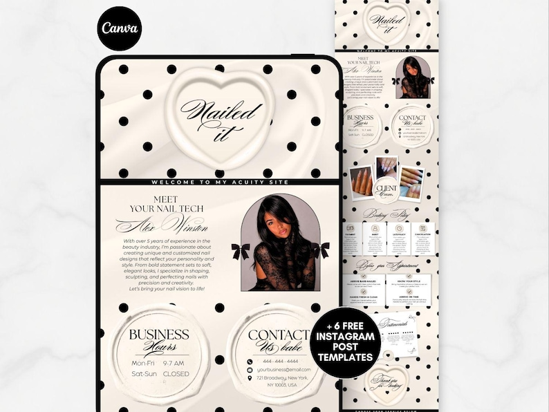 May include: A digital marketing template with a black and white polka dot design. The template includes the text "Nailed It" in a heart-shaped design, along with information about a nail technician, business hours, and contact details.