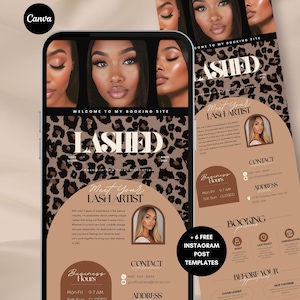 Può includere: Uno smartphone mostra una grafica promozionale per un'artista di ciglia. Il design presenta immagini di donne con lunghe ciglia, la parola "LASHED" e informazioni di contatto. Lo sfondo ha un motivo leopardato.