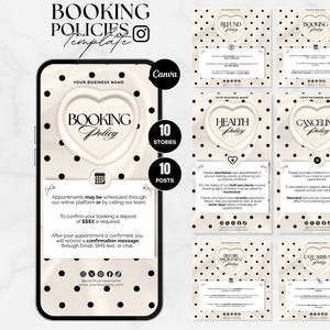 May include: A digital template for booking policies, featuring a smartphone displaying a booking policy with a heart-shaped design. Additional templates include refund, health, and cancellation policies, all with a polka dot background.