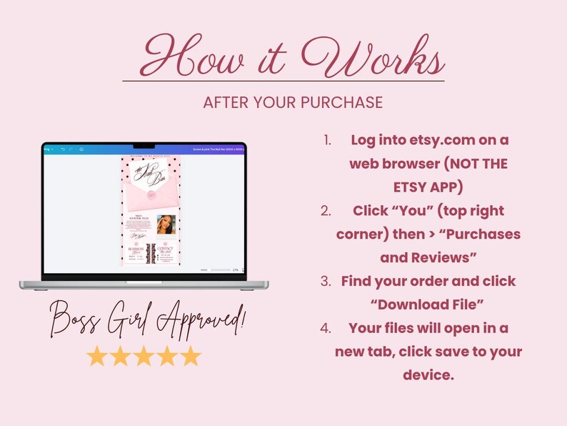 May include: A digital instruction graphic on a light pink background titled How it Works AFTER YOUR PURCHASE. It features a laptop displaying a template, a numbered list of four steps for downloading files from Etsy, and the text Boss Girl Approved! with five stars.