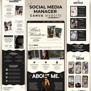 May include: A digital marketing website design in black and cream. The design includes the text "Social Media Manager Canva Website" and "Blair Winston, Social Media Manager." The website showcases services, testimonials, and contact information.