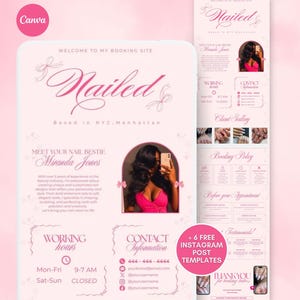 Peut inclure: Flyer numérique rose et blanc pour un salon de manucure, avec le texte "Nailed" et "Miranda Jones". Le flyer comprend les coordonnées, les heures de travail et une galerie clients. Il annonce également "6 MODÈLES DE POSTS INSTAGRAM GRATUITS".