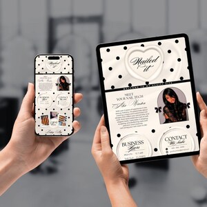 May include: A smartphone and tablet displaying a website with a black and white polka dot background. The website features the text "Nailed It" in a heart-shaped design, along with images and text about nail services.