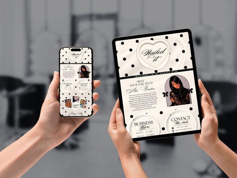 May include: A smartphone and tablet displaying a website with a black and white polka dot background. The website features the text "Nailed It" in a heart-shaped design, along with images and text about nail services.