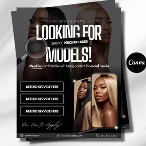 Puede incluir: Folleto en blanco y negro con el texto "LOOKING FOR MODELS!". El folleto también incluye el texto "SERVICE PERKS INCLUDED" y "Must be comfortable with taking content for social media". La imagen muestra mujeres y un smartphone con más mujeres.