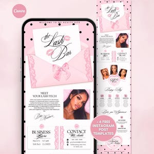 Op de afbeelding: Een digitaal sjabloon voor een wimperbedrijfswebsite met een roze envelopafbeelding met strik, zwarte stippen en tekst waaronder The Lash Bar, Meet Your Lash Tech, Business Hours en Contact Us. Inclusief zes gratis Instagram-postsjablonen.