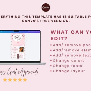 May include: A laptop displaying a digital template with pink and black polka dots, a pink envelope graphic, and text. The screen shows the text EVERYTHING THIS TEMPLATE HAS IS SUITABLE FOR CANVA'S FREE VERSION, WHAT CAN YOU EDIT, and Boss Girl Approved.
