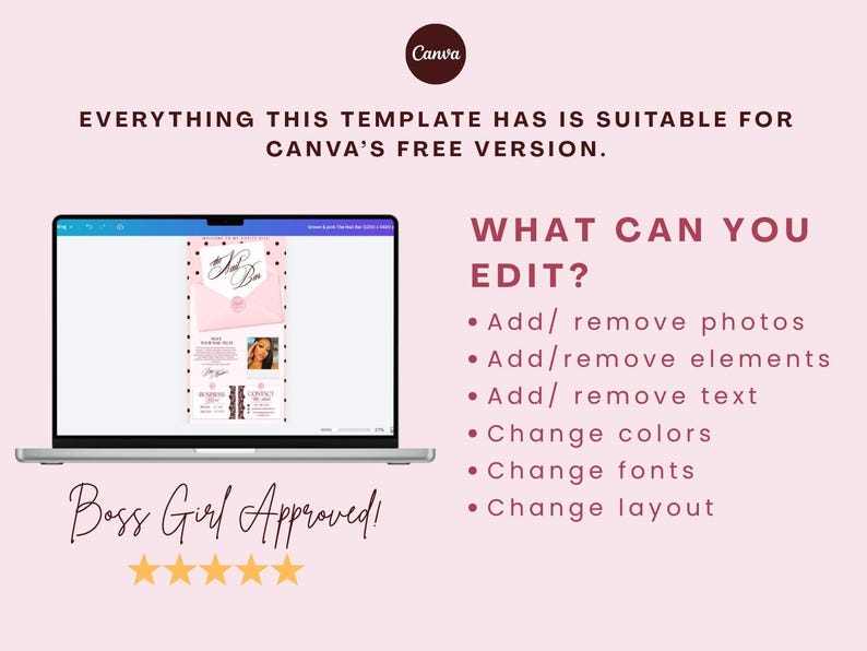 May include: A laptop displaying a digital template with pink and black polka dots, a pink envelope graphic, and text. The screen shows the text EVERYTHING THIS TEMPLATE HAS IS SUITABLE FOR CANVA'S FREE VERSION, WHAT CAN YOU EDIT, and Boss Girl Approved.